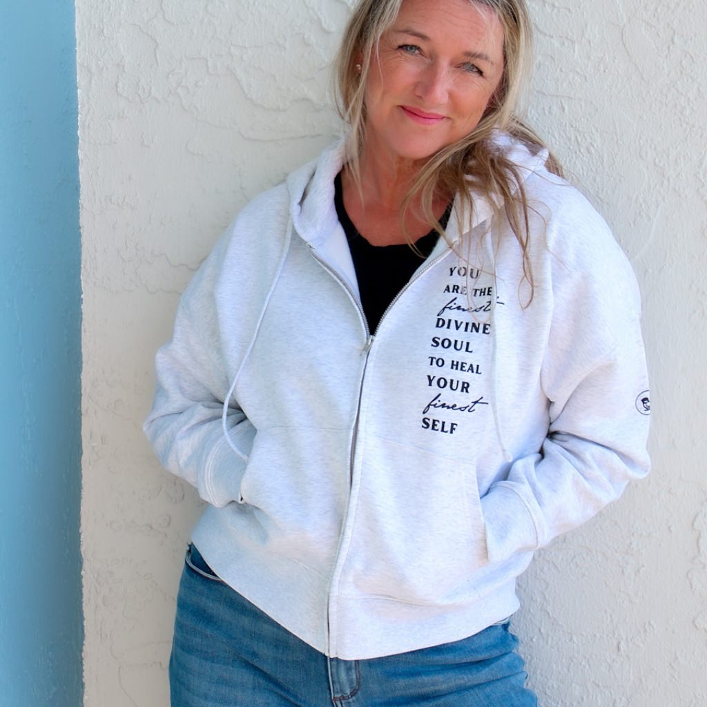 breathe hoodie is super soft marshmallow cream color. eco friendly poly/cotton blend. wear your intentions.