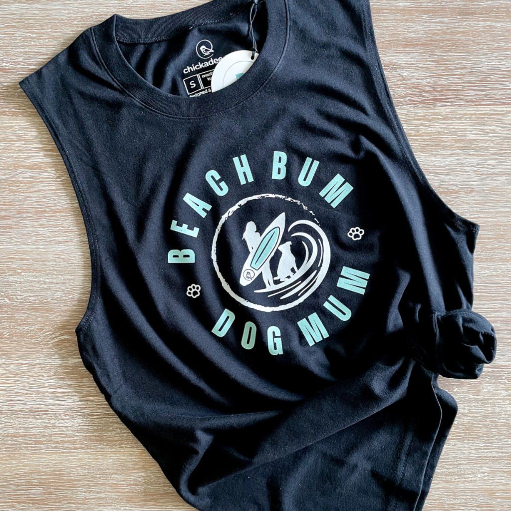 beach bum dog mom surfer style print on unisex muscle tank.  light aqua print on black tank top.  dog mom shirt.  beach bum.  beach apparel.