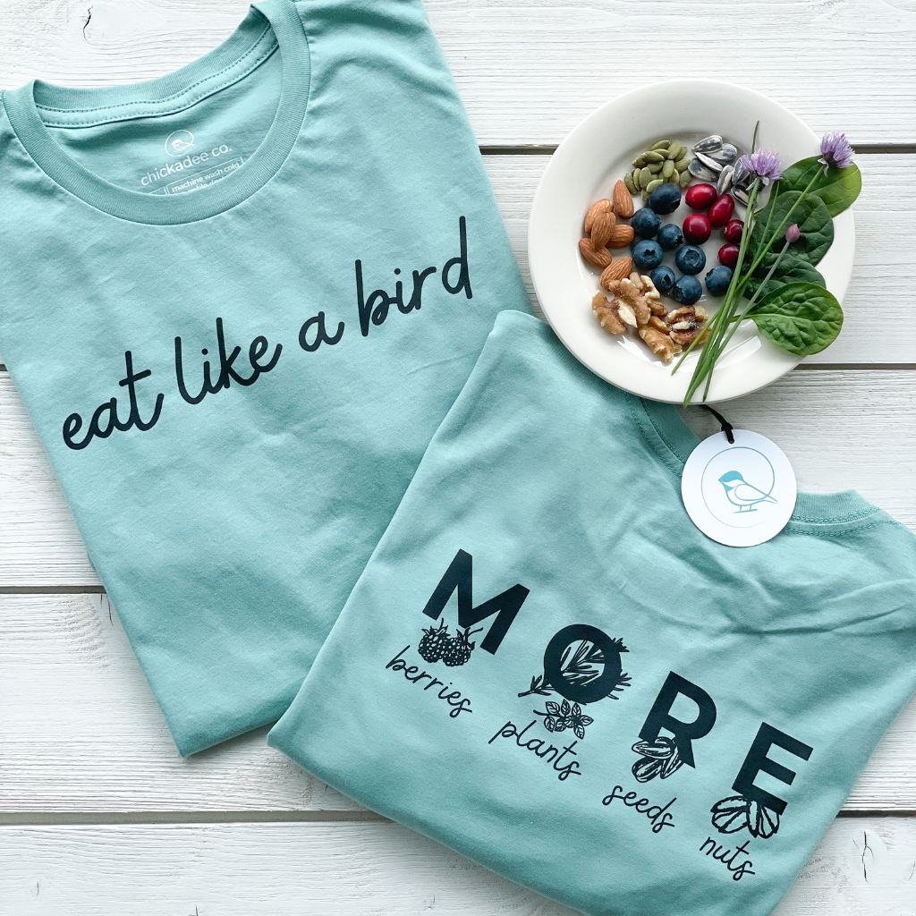 100% organic cotton tshirt in a light aqua color.  chickadee co. wellness tshirts.  womens tshirt laying flat on white boards showing the front of the tshirt printed with 'eat like a bird' and 'MORE berries, plants, seeds, nuts' on the back of the tshirt.  a small plate of healthy blueberries, cranberries, plants, nuts & seeds is shown.