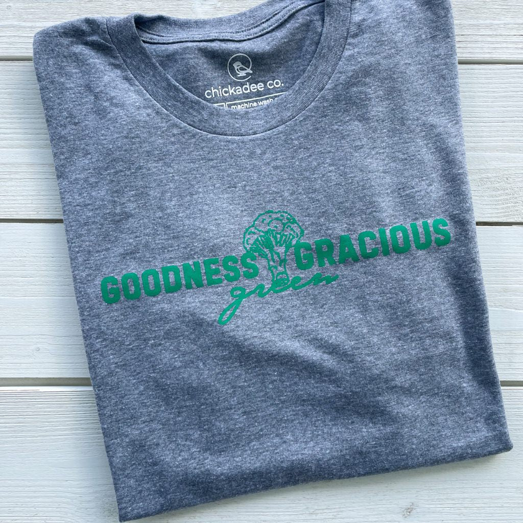 goodness green gracious and broccoli print in green ink on a vintage gray unisex tshirt.  wellness apparel.