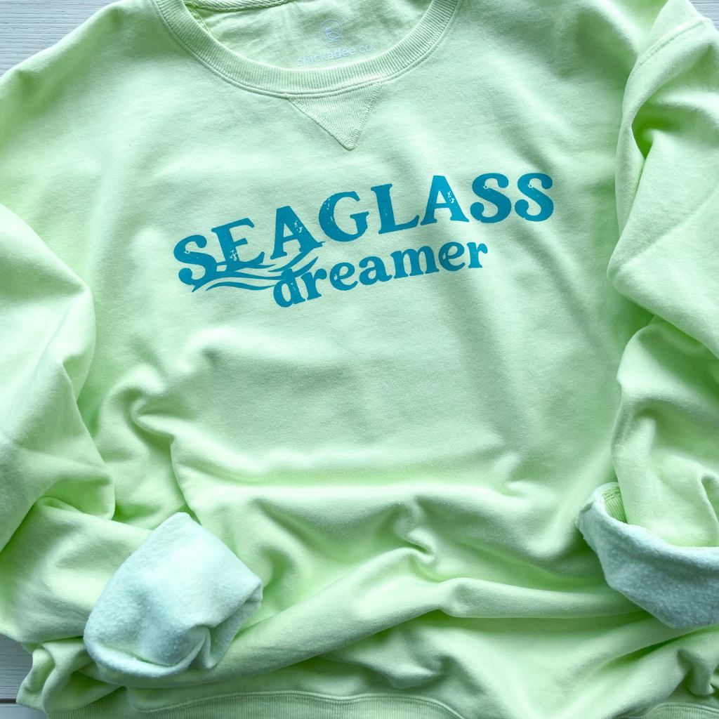 seaglass dreamer turquoise blue text on lemon citron colored sweatshirt.  oversized cotton sweatshirt.  beach trip apparel.