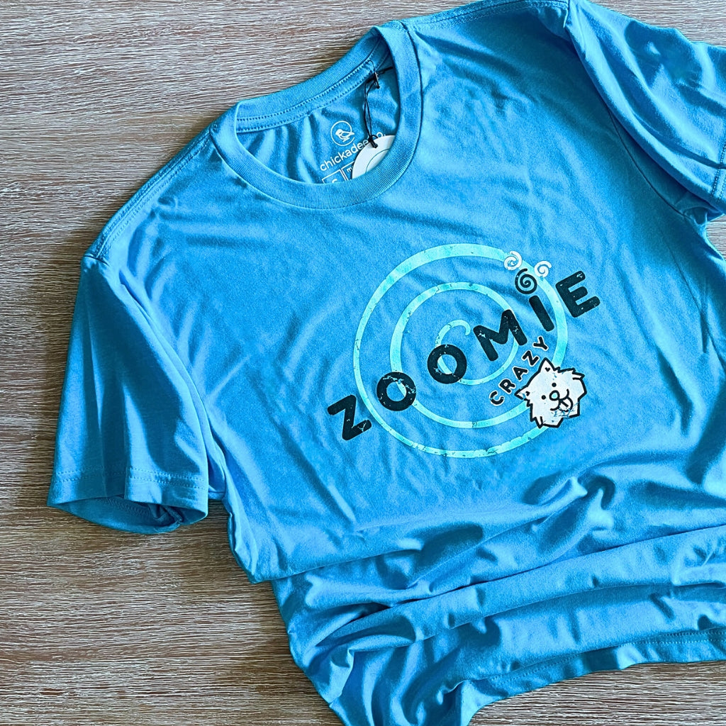 zoomie crazy black text with white dog & swirl design on turquoise blue super soft triblend tshirt.  dog apparel.  dog tshirt.  dog lovers tshirt.
