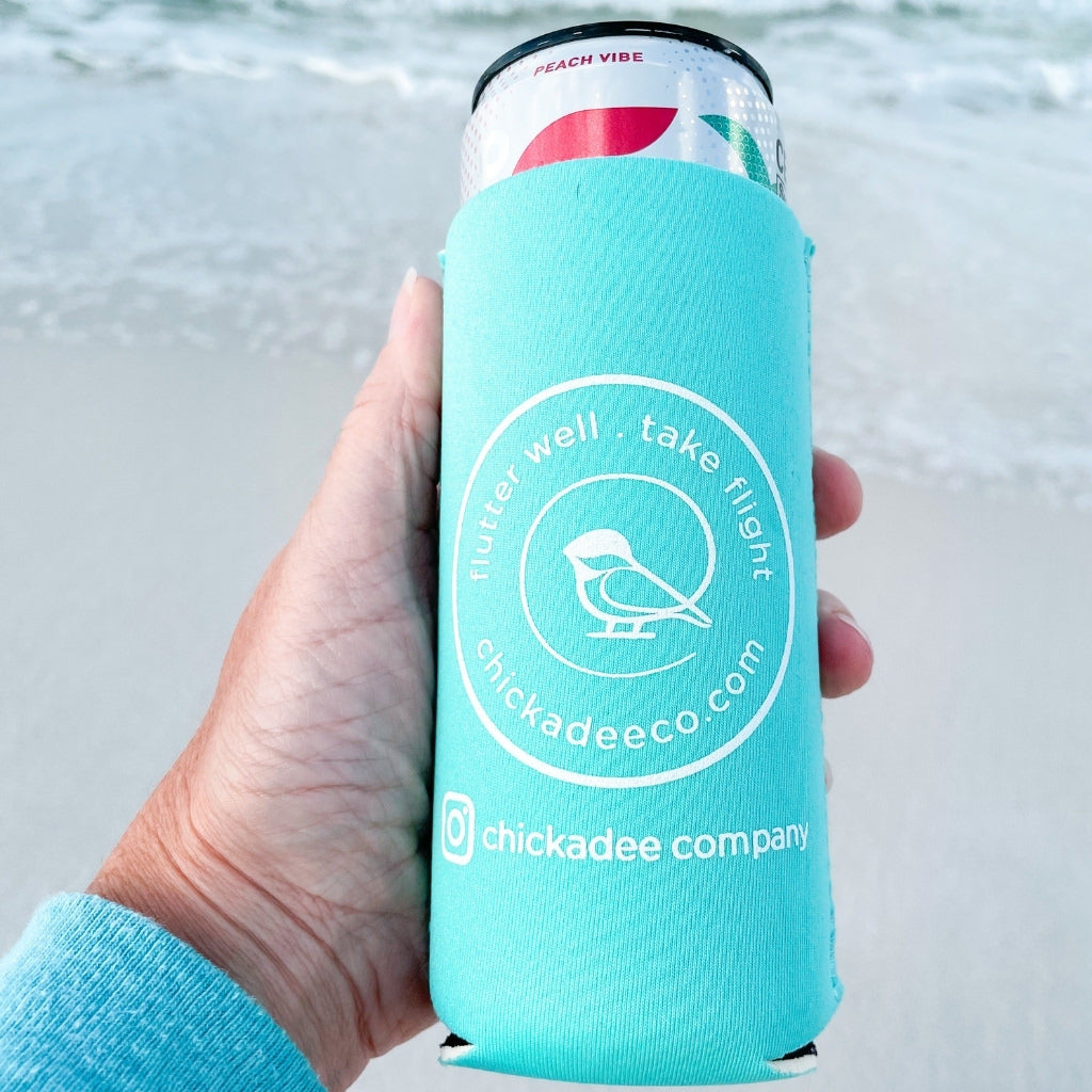 beach bum white text on aqua blue slim koozie.  drink covers for the beach.  beach bum drink cover.  neoprene drink cover.  back text custom printed with chickadeeco.com