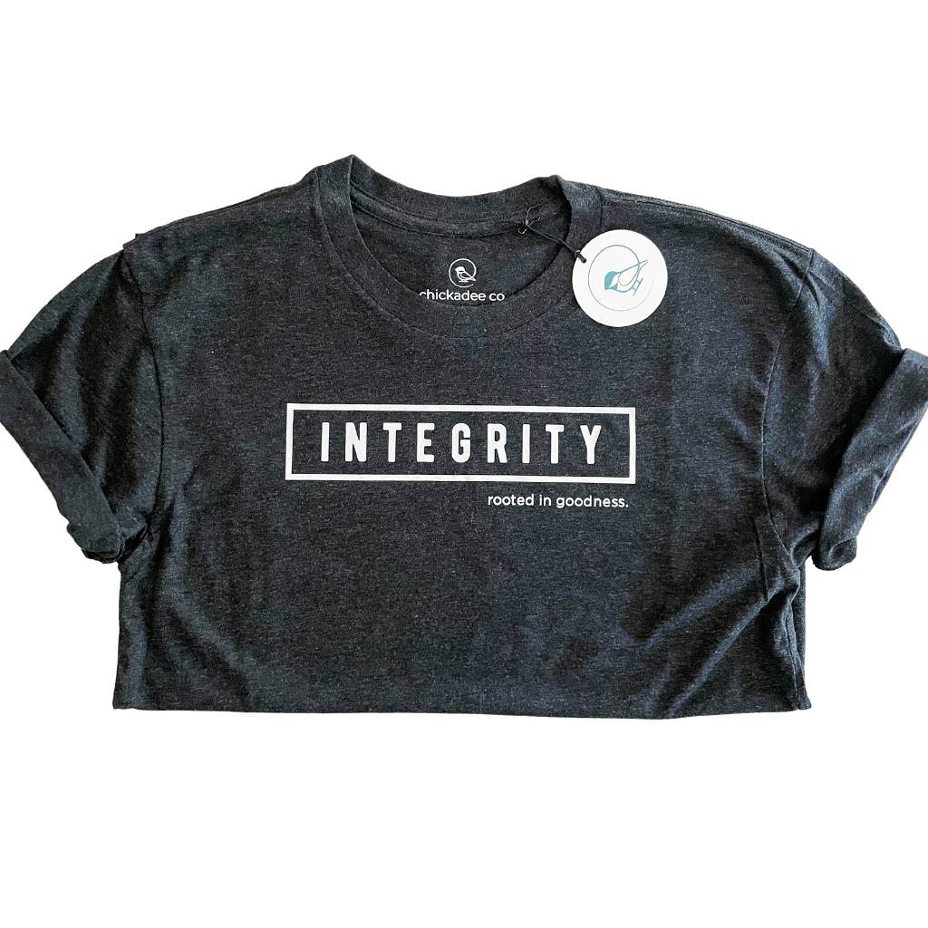 super soft inspirational tshirts for women.  INTEGRITY rooted in goodness is printed in white ink on this vintage black tshirt.