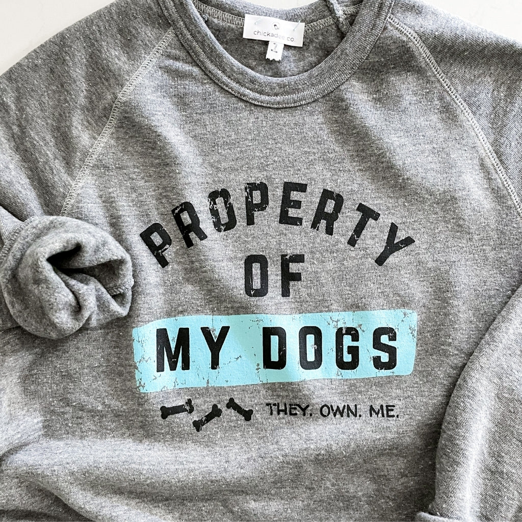 dog sweatshirt for humans. unisex crew sweatshirt with property of my dogs text, they own me. gray vintage sweatshirt for dog lovers. black & blue text on gray sweatshirt.