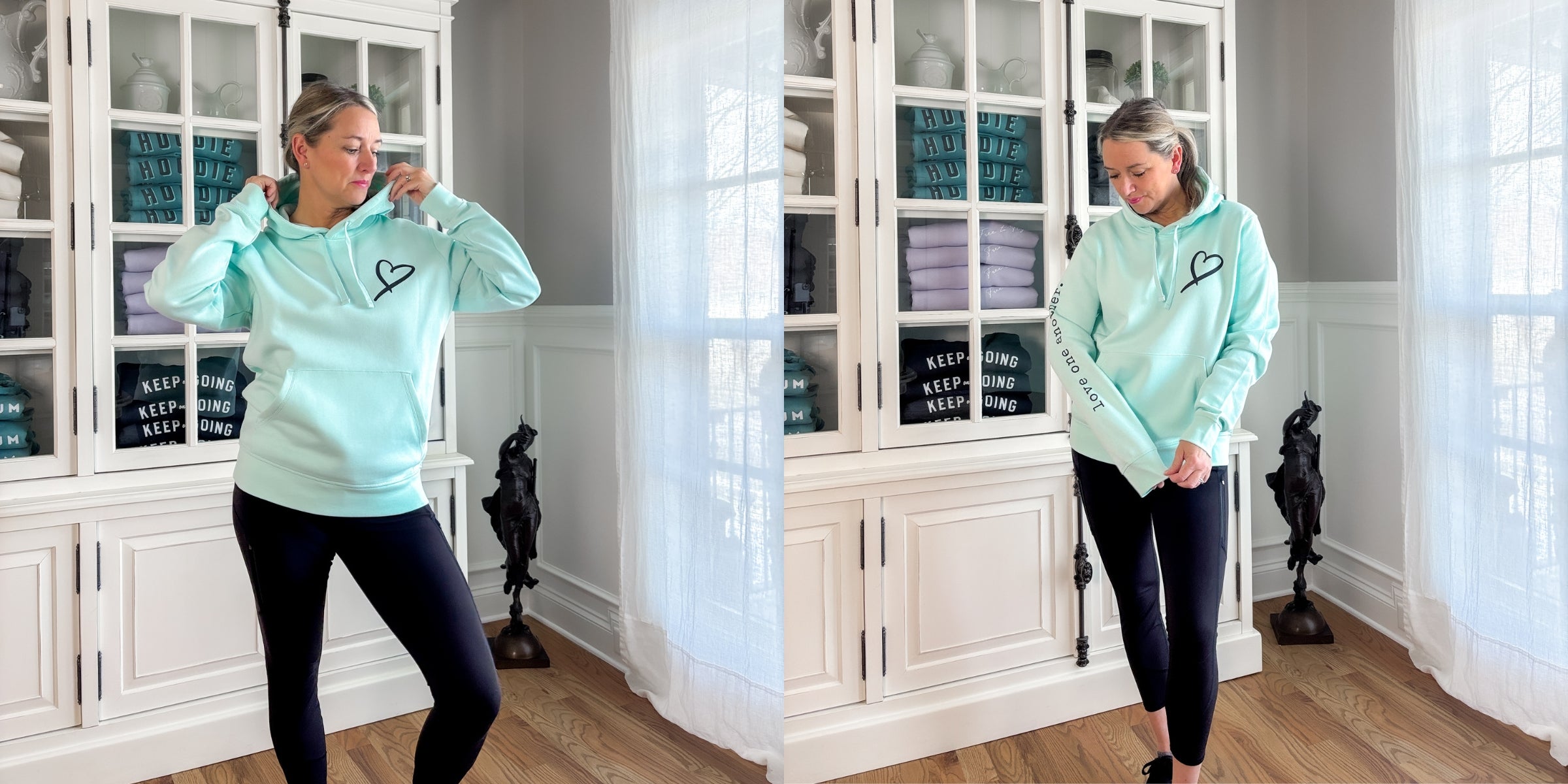 breathe hoodie is super soft marshmallow cream color.  eco friendly poly/cotton blend.  wear your intentions.