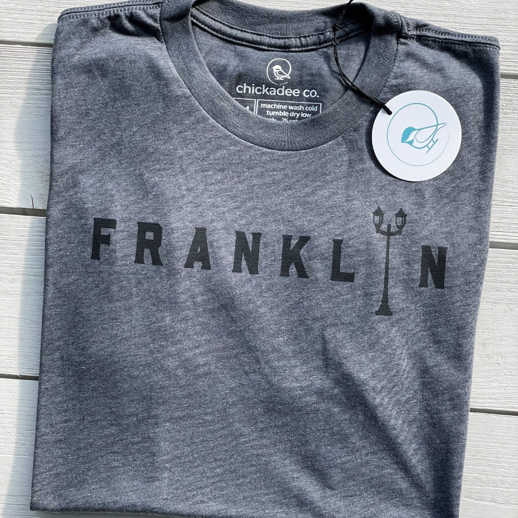super soft triblend unisex tshirt.  downtown franklin tennessee tshirt.  dark gray franklin tshirt for men and women.  screen printed gray tshirt in gray with black ink that says FRANKLIN, and has a downtown lampost graphic.