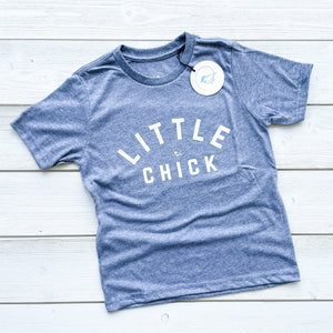 super soft kids tshirt in light gray with the words LITTLE CHICK & the chickadee co. logo on the front chest.