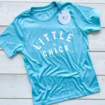 super soft kids tshirt in aqua blue with the words LITTLE CHICK & the chickadee co. logo on the front chest.