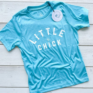 super soft kids tshirt in aqua blue with the words LITTLE CHICK & the chickadee co. logo on the front chest.